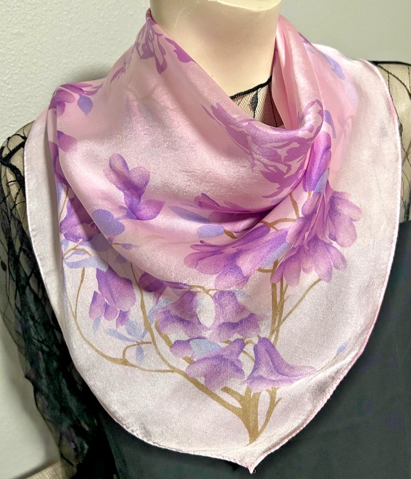 Винтажный 35 дюймов большой квадратный розовый, лавандовый, желтовато-коричневый шарф с цветочным узором - шелк - Изображение 4 из 4