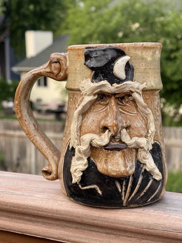 John Coiner Art Pottery Stoneware 3D Wizard Face Mug Coffee Cup 80s Vintage VTG