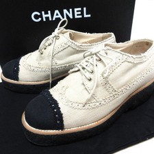 CHANEL Canvas Espadrilles Wingtip Oxford Shoes 35.5 Beige Women USED
