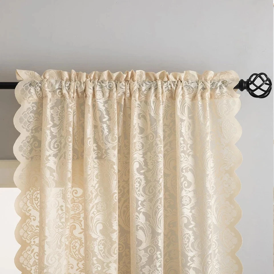 Cortinas boho bege renda 96 polegadas de comprimento conjunto de 2 - floral semi transparente chique gasto - Imagem 2 de 4