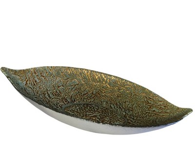 MCM Golden Glass Leaf Bowl Reverse Guilt Silver Back  16'' x 10''  