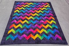 NEW Zig Zag-Hand Dyed Black Rainbow Colors 64 x 80 Twin size Quilt Completed
