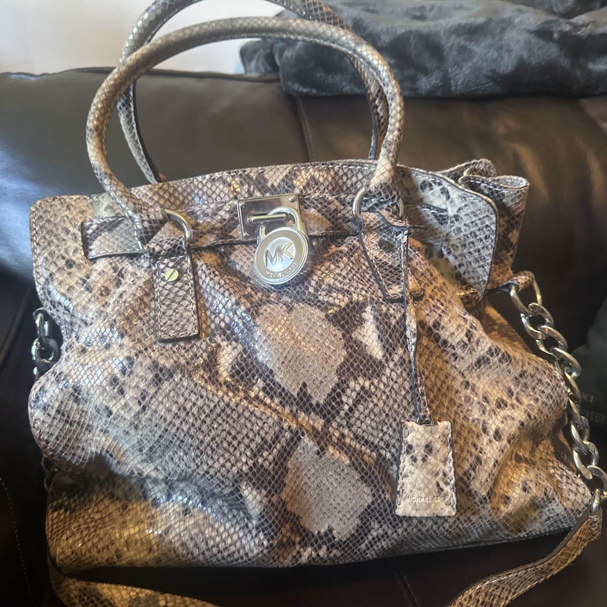 MK Hamilton Python 2-Way-Bag Snake Print Purse Brown/Tan-Silver Hardware View 3