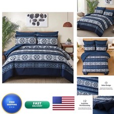 Anibedding Navy Blue Comforter Set Queen Size 7 Pieces Boho Aztec Western