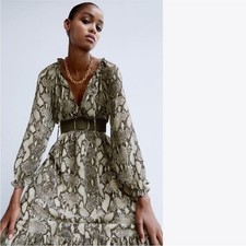 NWT Zara Belted Snake Print Long Sleeve Chiffon Ruffled Tiered Midi Dress. XS
