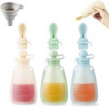 3 Pack Silicone Baby Food Pouches, Reusable Squeeze Pouches for Toddler with 3