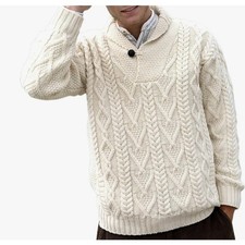 Aran Crafts 100 Merino Wool Shawl Collar Cable Knit Pullover Sweater Cream XL