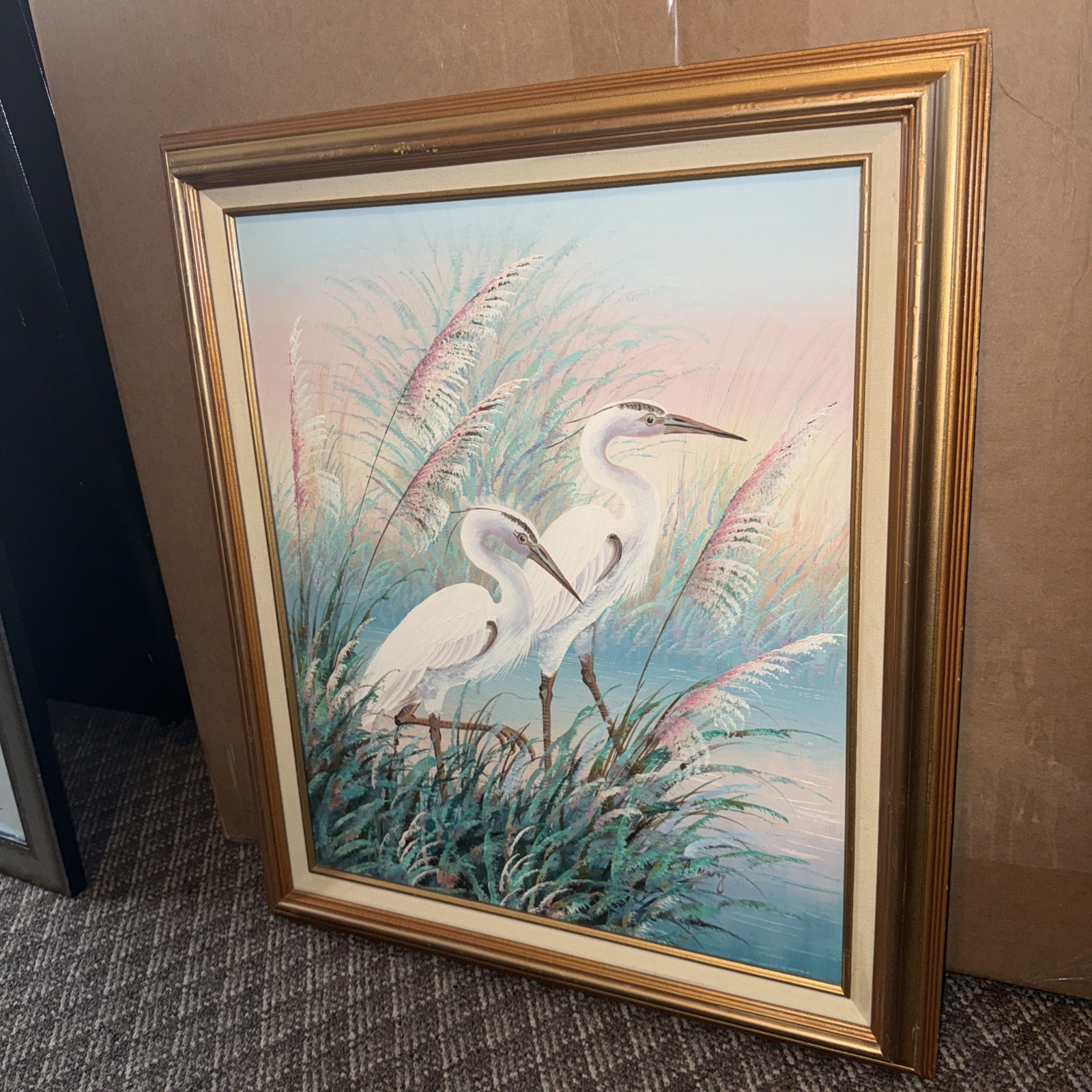 VTG Signed A.Maley Original Oil Canvas Painting White Egrets/Marsh 20x24 Framed 