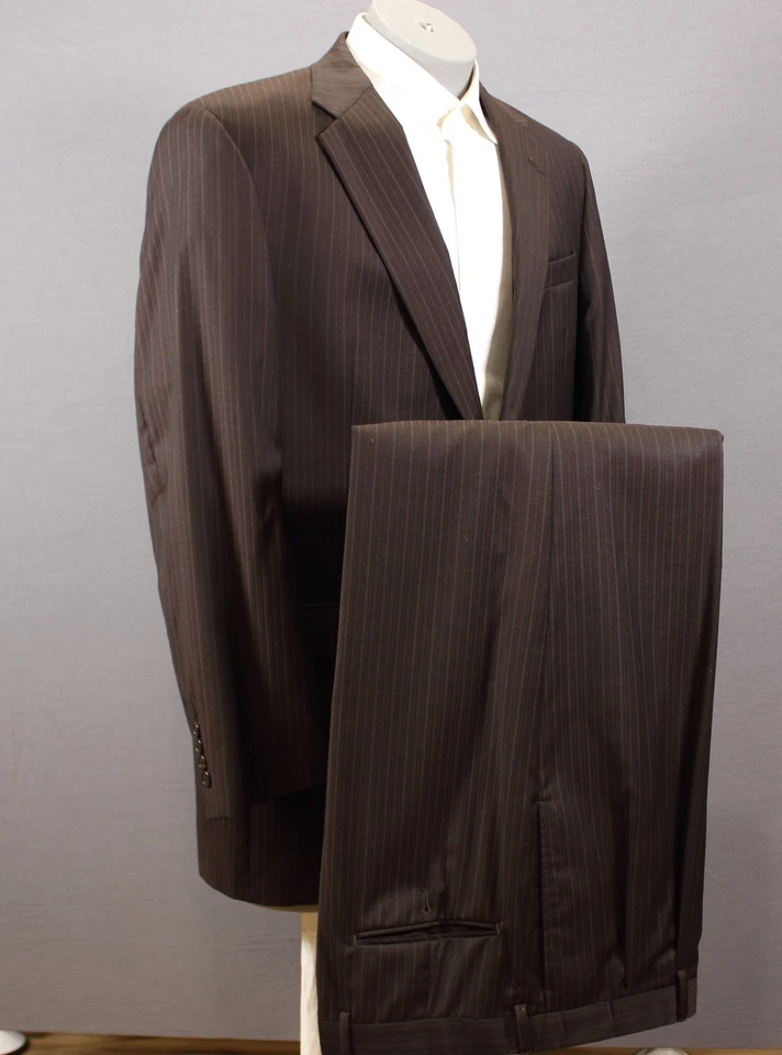 Austin Reed 2 Piece Suit Mens 2 Button Wool Brown Striped 44L Pleated 38" W USA - Image 2 of 4