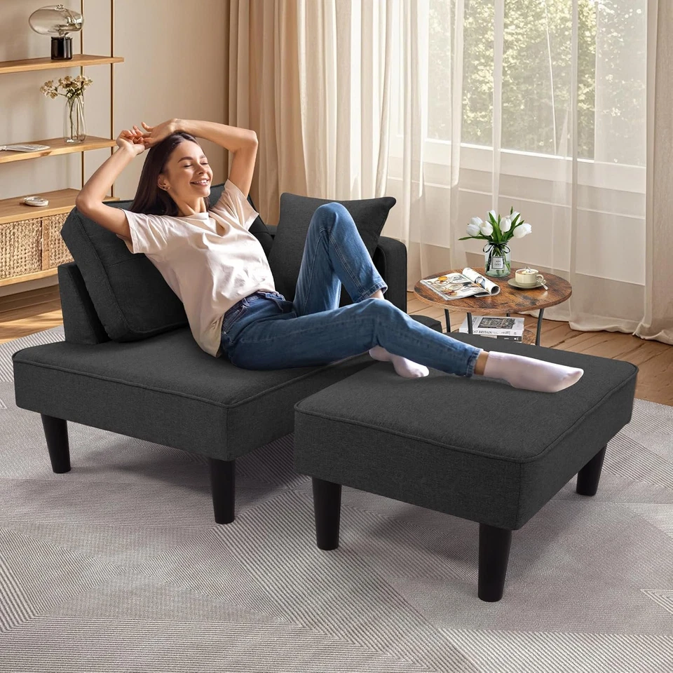 2-in-1 Sleeper Sofa Bed Convertible Small Sectional Couch w/Chaise & 2 Pillow US - Image 2 of 4