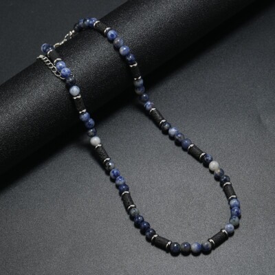 Herren 6 mm Edelstein Perlen Halskette Necklace Sodalite Lavastein
