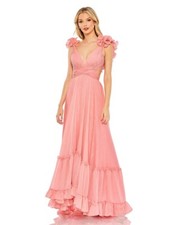 MAC DUGGAL RUFFLE SLEEVE V NECK A LINE GOWN CORAL RP $598 SIZE 4