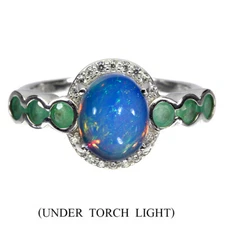 925 Sterling Silver Ring Oval Fire Opal 10x8mm Emerald Gemstone Jewelry Sz 9.5