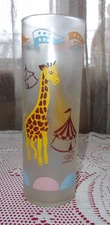 vntg 1950's Libbey frosted circus tent & giraffe 7" Tom Collins glass EUC