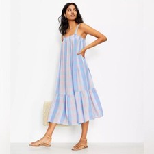 Loft Plaid Smocked Pocket Midi Dress Blue Size Small