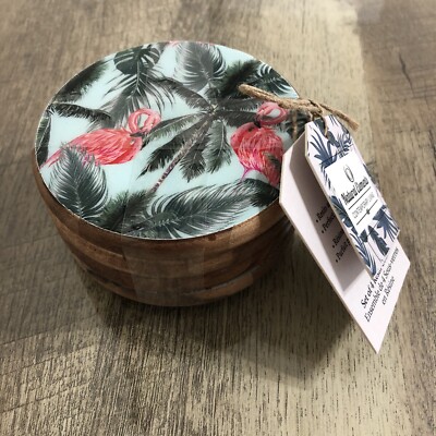New Set of 4 Coasters Flamingo Palm Tree Design Resin and Acacia wood