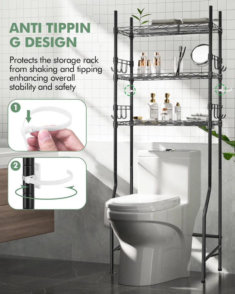 Over The Toilet Storage Rack 3-Tier Metal Bathroom Shelf Space Saver Organizer - Image 4 of 4