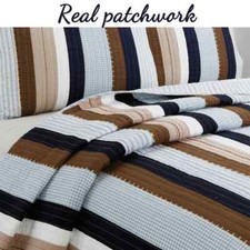 NEW  COZY PATCHWORK COTTONE BROWN BLUE WHITE COUNTRY LODGE CABIN QUILT SET