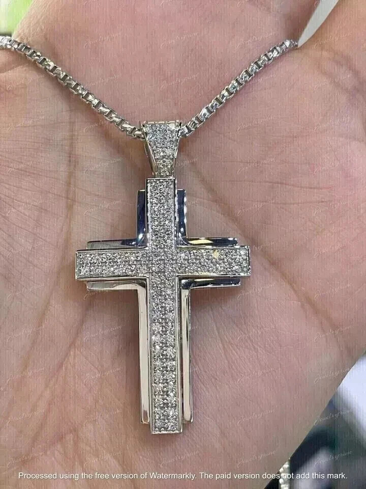 2.20Ct Round Cut Moissanite Men's Cross Pendant Necklace 14K White Gold Plated