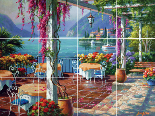 Lago de Como Terraza mediterránea vista Italia baldosa cerámica mural salpicadero