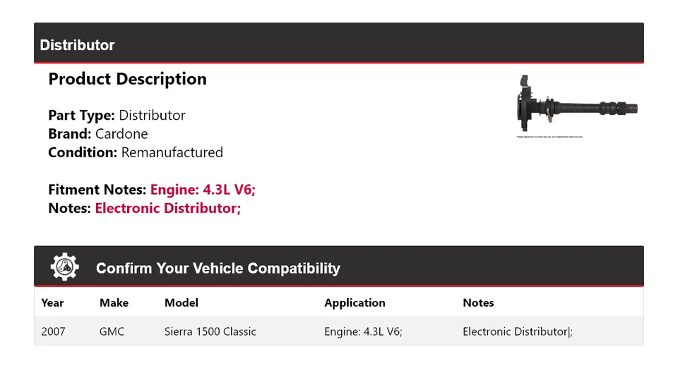 GMC Sierra 1500 Classic 2007 4,3 L V6 distribuidor cardone Foto 2 de 4