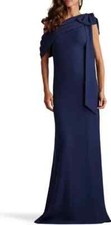 Tadashi Shoji Navy Blue One-Shoulder Bow Detail Crepe Gown Size 4 378