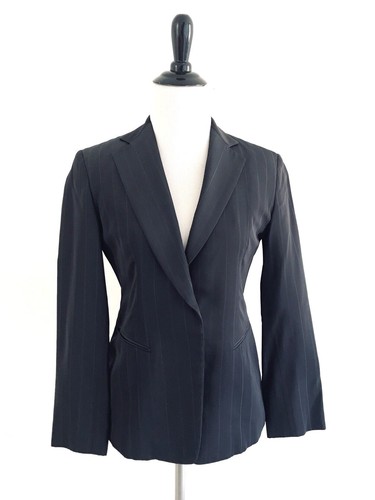 Donna Karan One Button Suit Blazer Womens Size 2 Navy Blue V-neck Jacket
