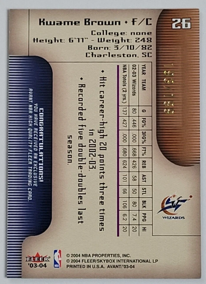 2003-04 FLEER AVANT KWAME BROWN BLACK AND WHITE #D 193/199 — 第 2/2 张图片