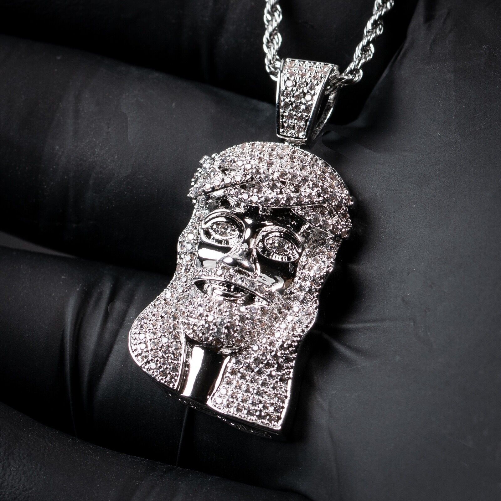 Jesus Rope Silver Chain SIMULATED DIAMOND SILVER PLATED BRASS JESUS HEAD & 18
