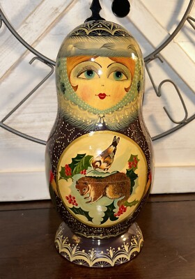 1994 Russian Matryoshka Nesting Dolls - Holiday Birds w / Holly 10 Pce 10  Tall