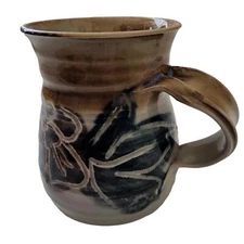 Studio Art Pottery Mug Succulent Planter Floral Etched Blue Brown Glaze Signed