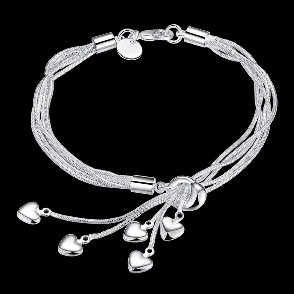Brazalete de plata de ley 925 de cinco líneas con brazalete de cinco corazones para mujer Foto 4 de 4