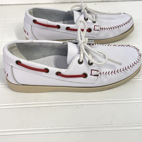 Baseball Red Stitch White Leather MLB Shoes Womens Sz 7 Deck Shoes Loafers BL101 - Picture 4 of 7