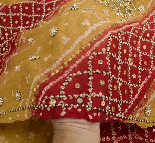 Sushila Vintage Red Bandhani Heavy Dupatta Pure Georgette Gold PearlBeaded Stole - Picture 10 of 10