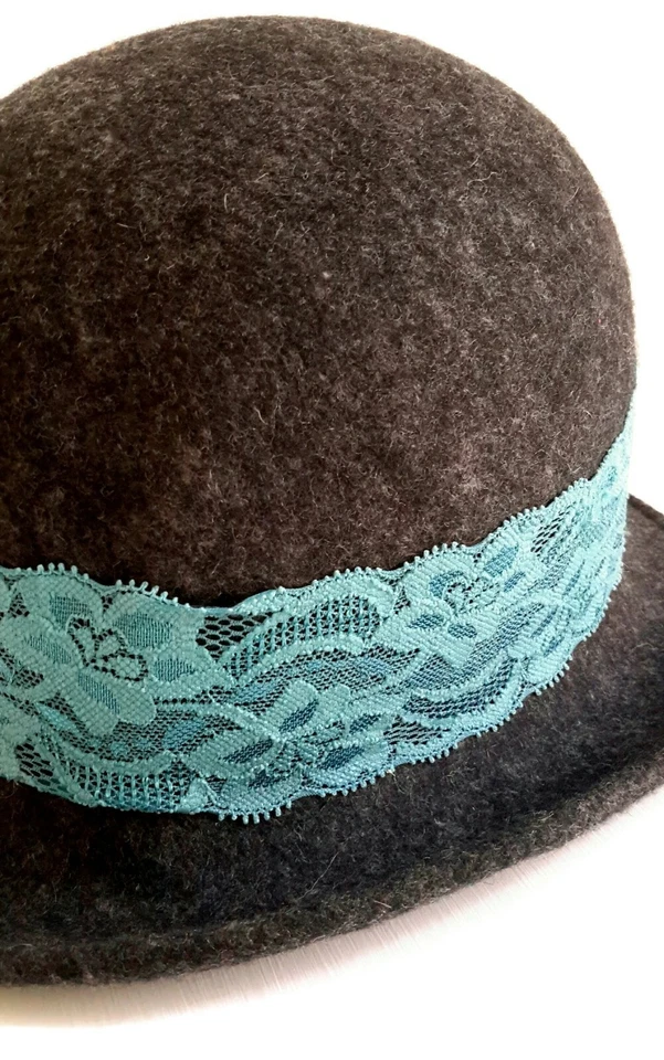 NWOT Anthropologie Dark Gray Wool Hat with Blue Lace Band by Yellow Bird, $58 - Image 2 of 4