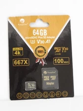 New/ Amplim 64GB MicroSDXC UHS-I U3 A1 V30 CLASS 10/ 100 MB/S ULTRA HD 4K/ BLACK