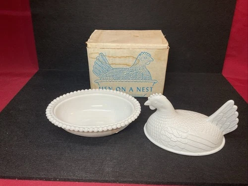 Vintage Indiana Glass White Milk Glass SLOTTED Bead Hen On Nest 7” Covered Dish
