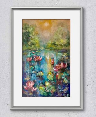 Mystical Water Garden   Soft Pastel Water Lily Pond Painting 30x50 cm