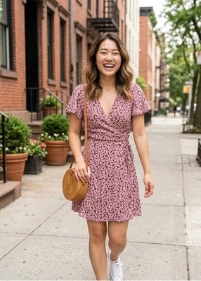 Olivaceous Cranberry Floral Short Sleeve V-Neck True Wrap Dress Rayon Lined Size