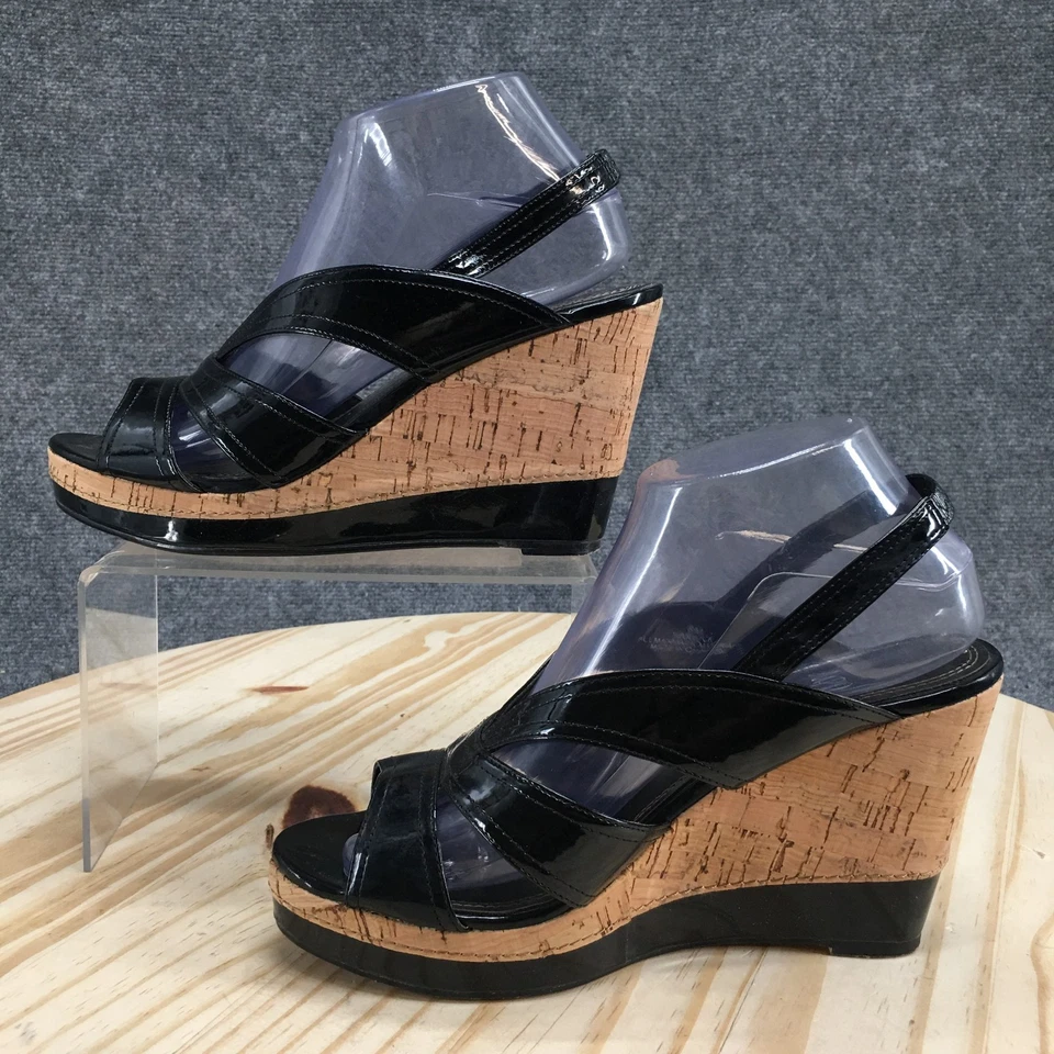 IMPO Sandals Womens 8 M Warwick Wedge Slingback Black Faux Leather Cork Casual - Image 2 of 4
