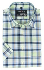 Marvelis Mens Short Sleeve Shirt Casual Fit Kent Collared Short Sleeve Plaid Light Green/Blue