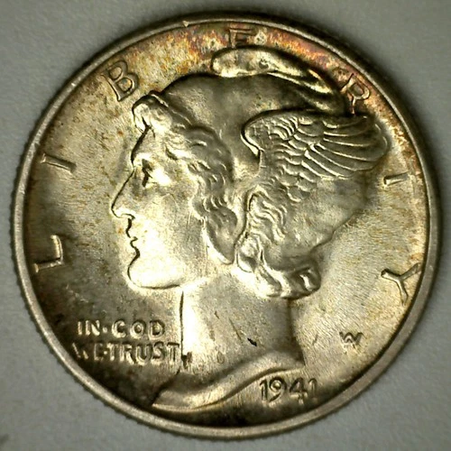 1941 D Mercury Silver Dime 10c US Type Coin Toned Uncirculated Denver