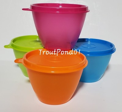 TUPPERWARE Refrigerator Bowls 14 oz  Pink Green Orange Blue Stack Nesting Set 4