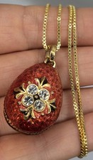 Russian Faberge Inspired Red Enamel Egg Pendant with Crystals & 46cm G/P Chain