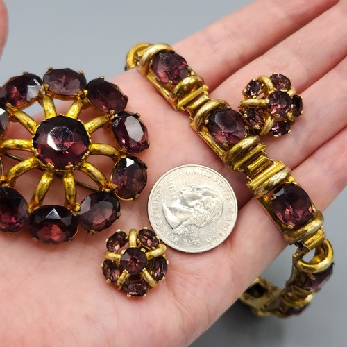Art Deco Czech Signed Amethyst Glass Gilt Brass Bracelet Earrings Brooch - Picture 24 of 24