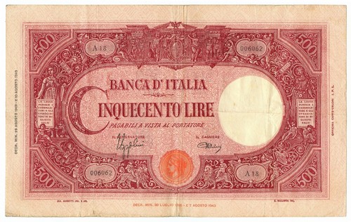 500 LIRE BARBETTI GRANDE C TESTINA BI 23/08/1943 BB - Foto 1 di 6