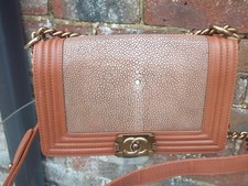 Chanel Boy Bag age tone gold chain strap tan leather & stingray shoulder bag