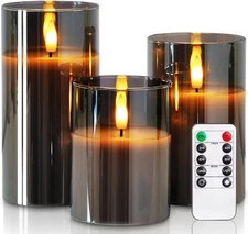 Homemory Grey Glass Flameless Candles, Battery Operated LED Pillar Candles with 