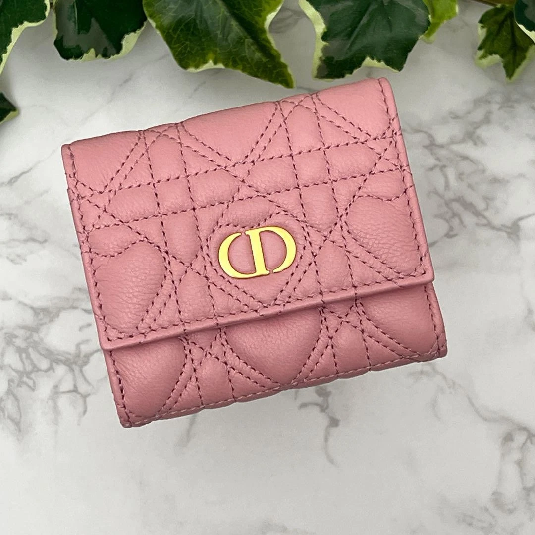 Portefeuille compact Dior Caro Hibiscus rose cox8,5 cm