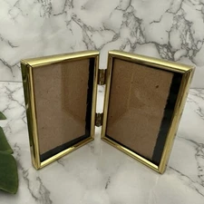 Vintage 90s Brass Mini Double Picture Frame Folding Book Hinged Metal Decor